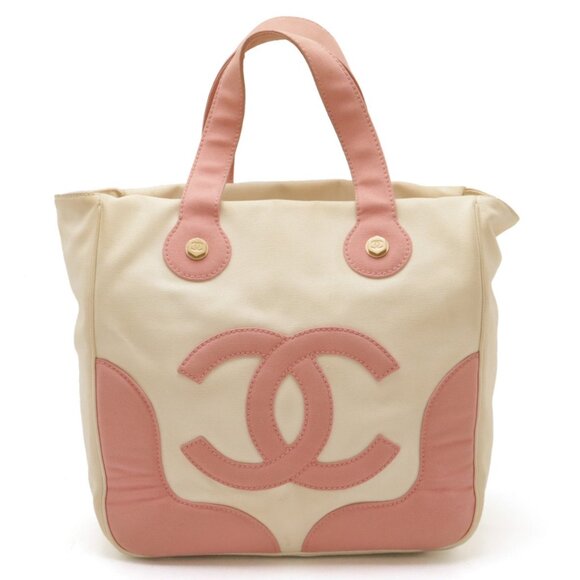 Authentic CHANEL CC Marshmallow Canvas Hand Bag Top Handle Tote Pink White - Picture 1 of 8